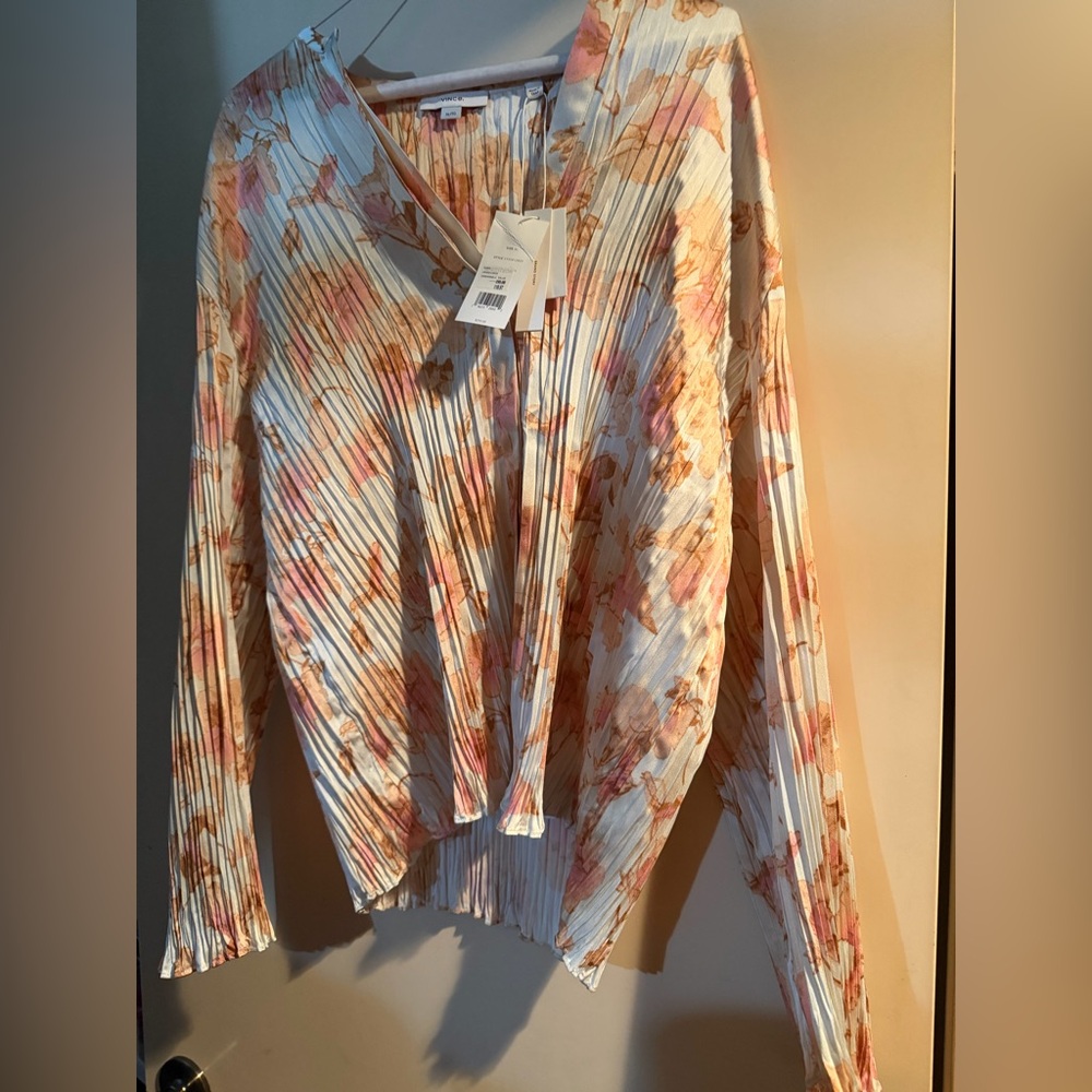 Pleated Floral Long-Sleeve Blouse - White/Pink NWOT